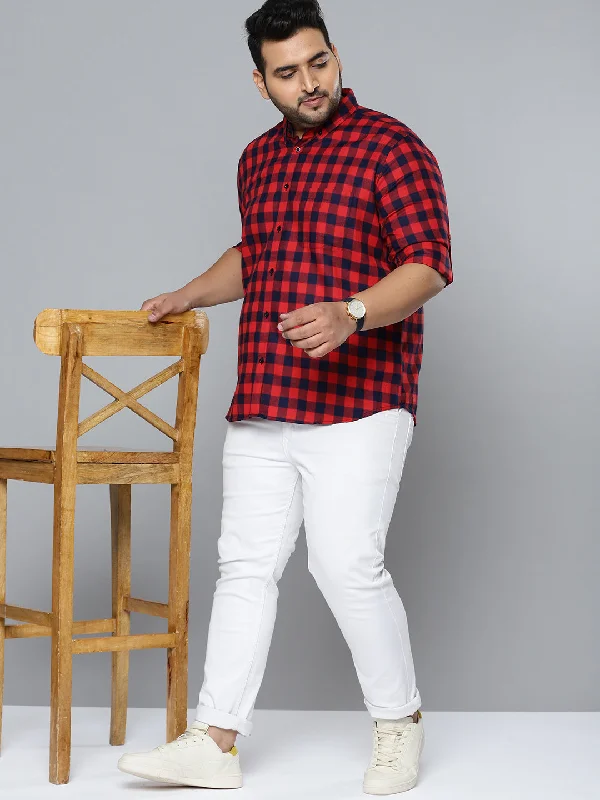Men's Geometric Print Shirts for a Modern TwistMen Navy Blue Smart Slim Fit Buffalo Checks Opaque Checked Formal Shirt