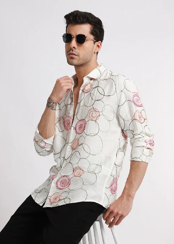 Men's Layering Shirts for Seasonal TransitionsWhite Circular Embroidered Shirt