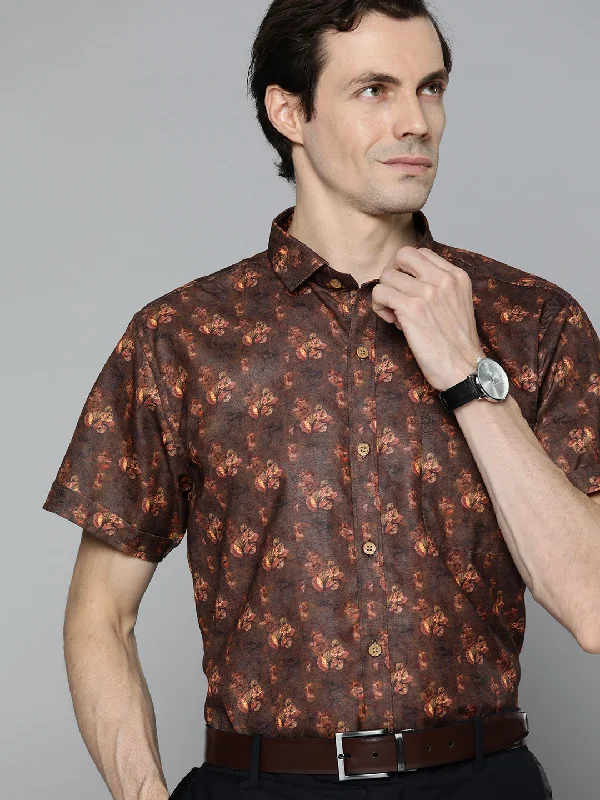 Men's Travel Shirts for Easy PackingDENNISON Men Brown Comfort Fit Floral Print Casual Shirt