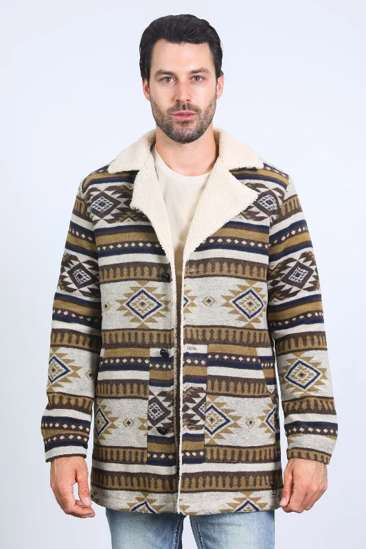 Men's Shirts with Double-Breasted DesignsMens Ethnic Aztec Long Twill Beige Coat