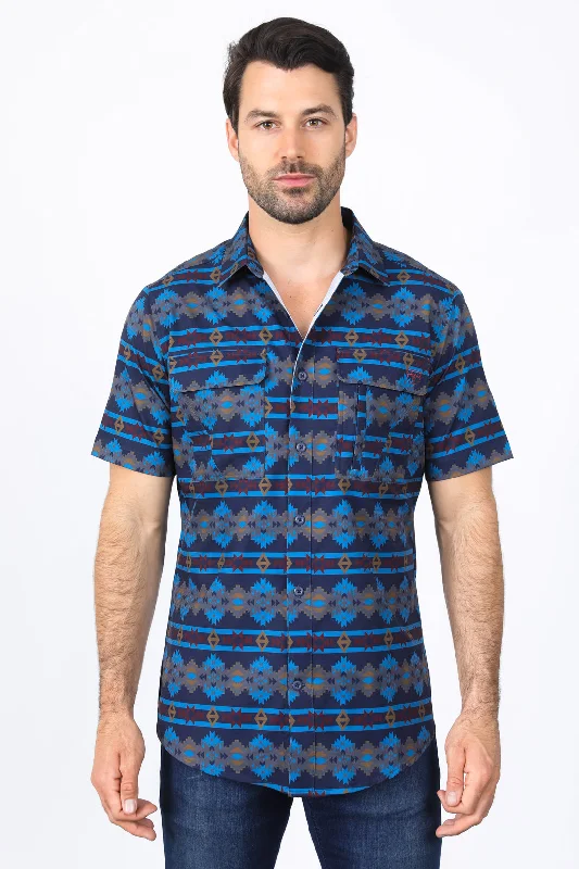 Men's Shirts with Belt AttachmentsMens Performance Classic Fit Western Short Sleeve Aztec Print Navy Shirt