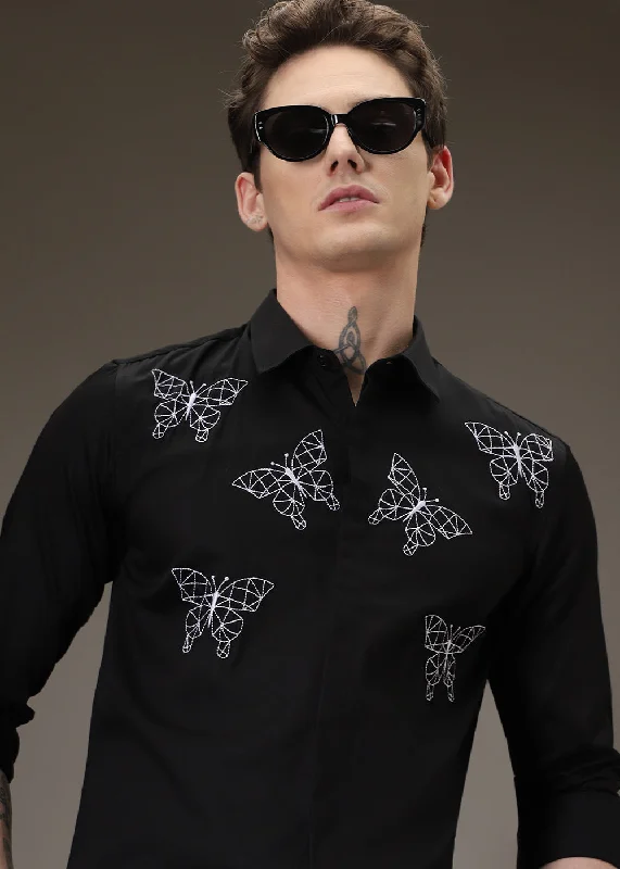 Men's Floral Print Shirts for Spring and SummerFlutter Embroidery Black Shirt