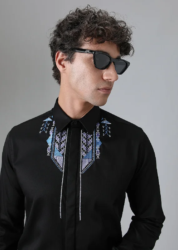 Men's Skinny-Fit Shirts for a Trendy LookBlack Ethnic Embroidery Designer Shirt