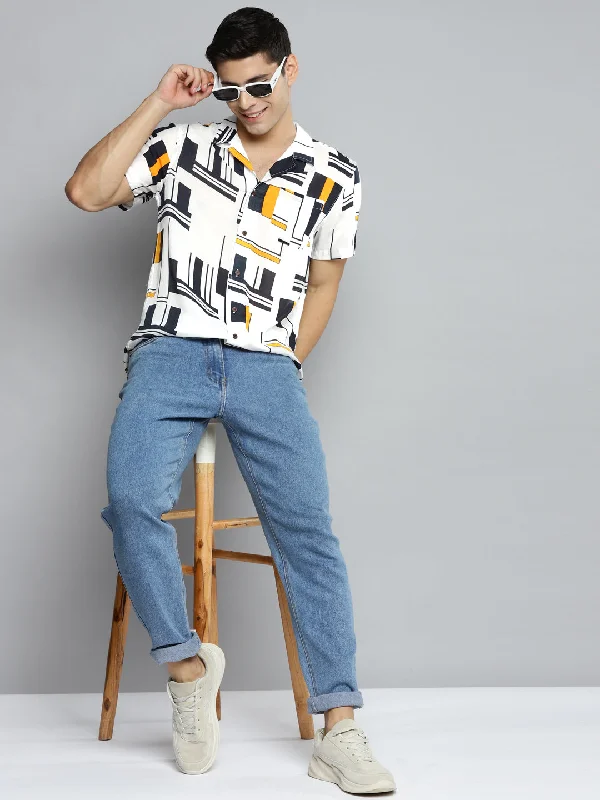 Men's Collared Shirts for Formal OccasionsDENNISON Men White Smart Printed Casual Shirt