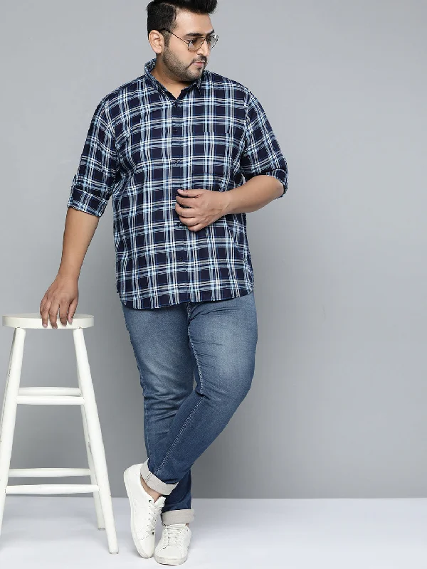 Men's Machine-Washable Shirts for ConvenienceMen Navy Blue Smart Slim Fit Pure Cotton Opaque Checked Casual Shirt