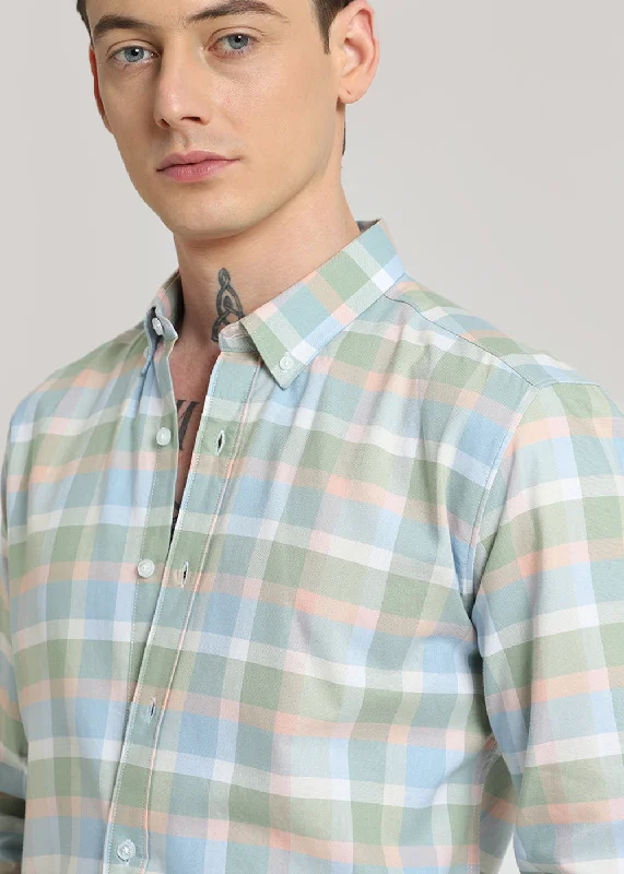Men's Golf Shirts for On-Course StyleMulticolour Green Oxford Cotton Check Shirt