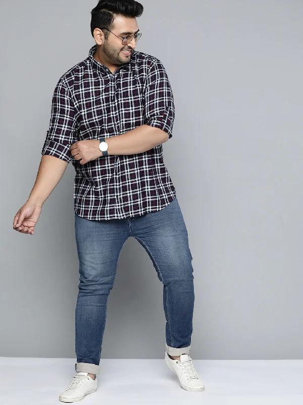 Men's Striped Long-Sleeve Shirts for a Maritime FeelMen Navy Blue Smart Slim Fit Pure Cotton Opaque Checked Casual Shirt