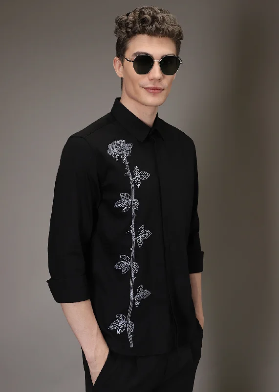 Men's Patterned Dress Casual Shirts for Smart-Casual EventsRose Needle Work Black Shirt Men's Patterned Dress Casual Shirts for Smart-Casual EventsRose Needle Work Black Shirt