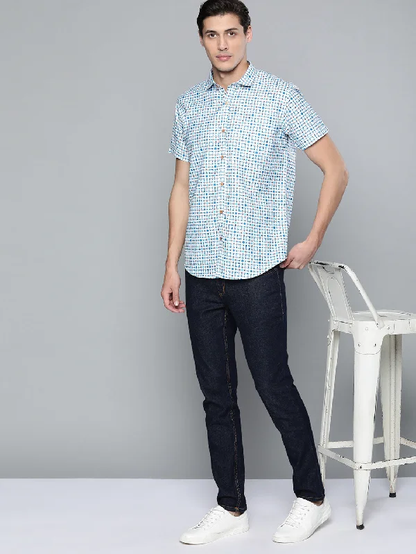 Men's Thermal Shirts for Winter WarmthMen White & Blue Block Printed Shirt