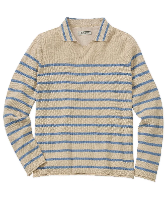 Men's Shirts with Convertible CollarsLinen-Cotton Striped V-Neck Polo Sweater