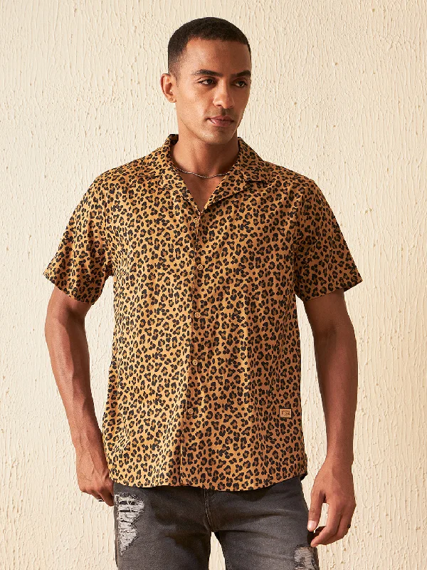 Classic Men's Dress ShirtsDENNISON Men Smart Animal Printed Cuban Collar Casual Shirt