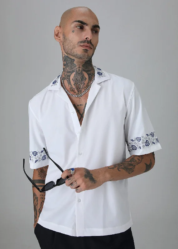 Men's Easy-Care Shirts for Busy LifestylesBlue Rose Embroidery White Shirt