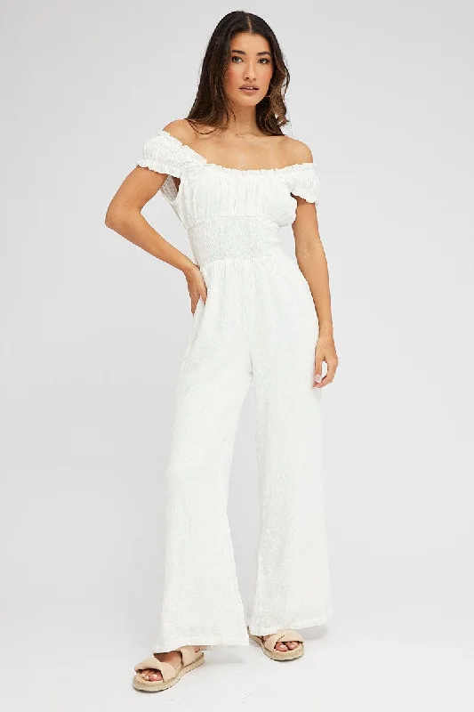 White Jumpsuit Short Sleeve Off Shoulder Shirred Cotton