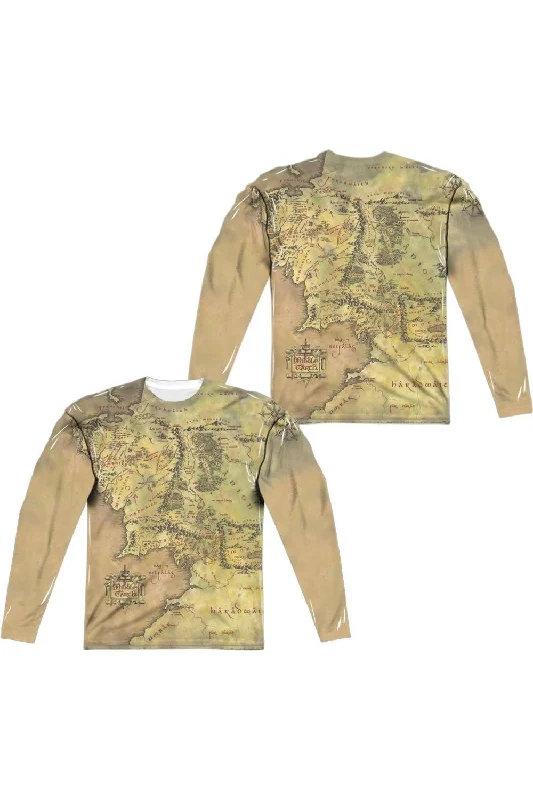Men's Shirts with Embroidered DesignsLord Of The Rings Middle Earth Map (Front/Back Print) Long Sleeve Adult Poly Crew Tee / T-Shirt