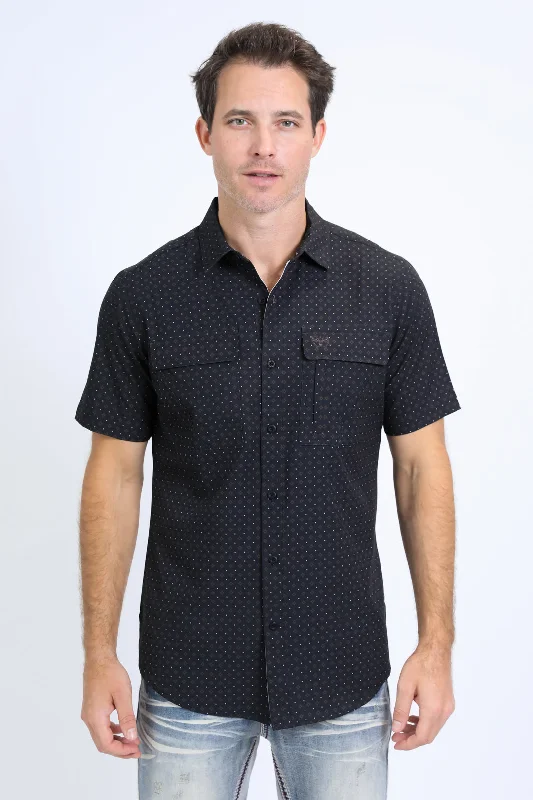 Men's Shirts with Short PlacketsMens Performance Western Short Sleeve Aztec Print Black Shirt
