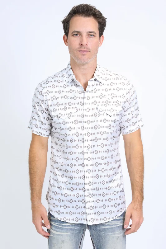 Men's Shirts with Abstract DesignsMens Performance Western Short Sleeve Aztec Print White Shirt