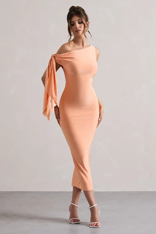 Adapt | Coral Asymmetric Midi Dress With Tie Sleeve