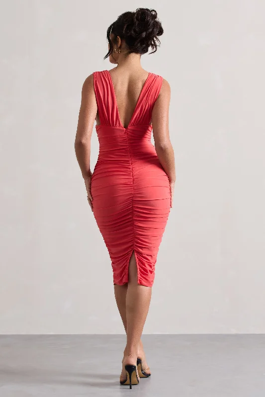 Attract | Coral Ruched Plunge-Neck Midi Dress