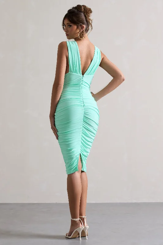 Attract | Mint Ruched Plunge-Neck Midi Dress