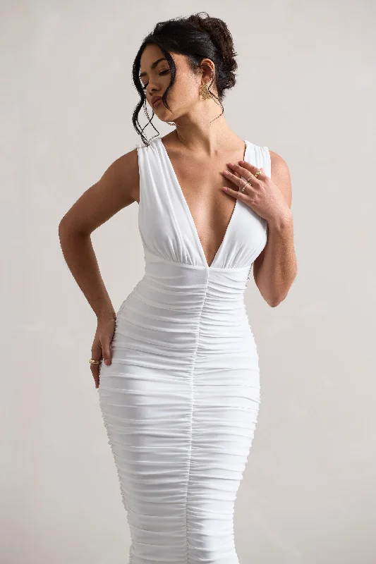 Attract | White Ruched Plunge-Neck Midi Dress