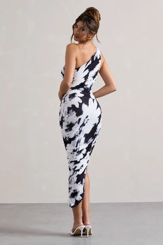 Dorit | Monochrome Floral Print One Shoulder Asymmetric Ruched Midi Dress