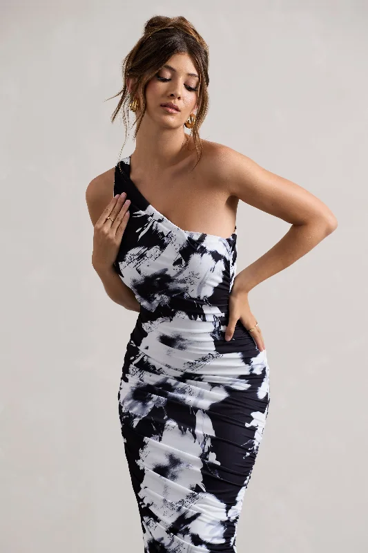 Dorit | Monochrome Floral Print One Shoulder Asymmetric Ruched Midi Dress