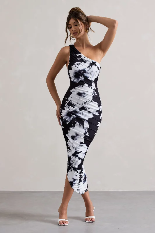 Dorit | Monochrome Floral Print One Shoulder Asymmetric Ruched Midi Dress