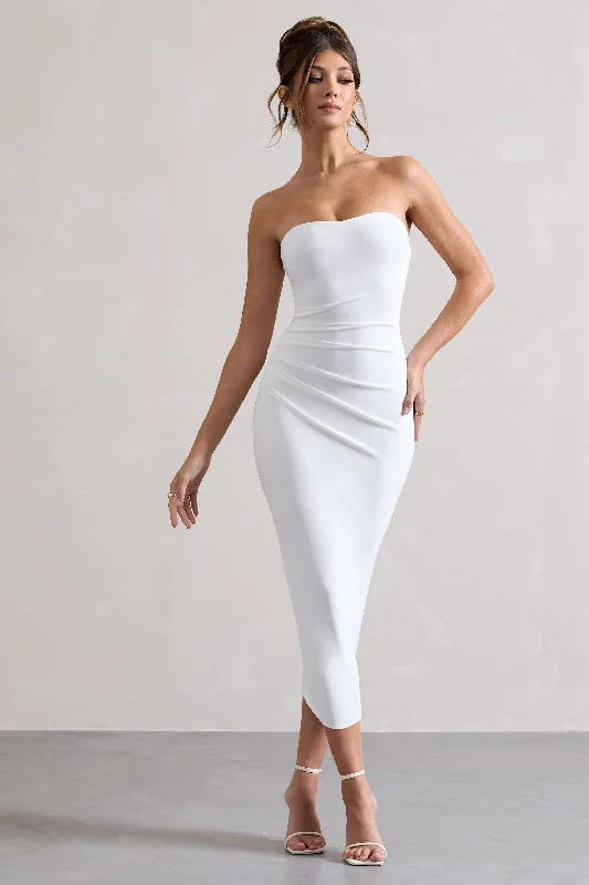 East End | White Strapless Gathered Midi Dress