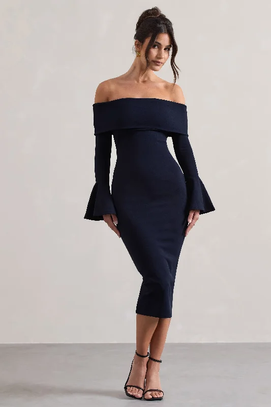 Emma | Navy Bardot Flared-Sleeve Midi Dress