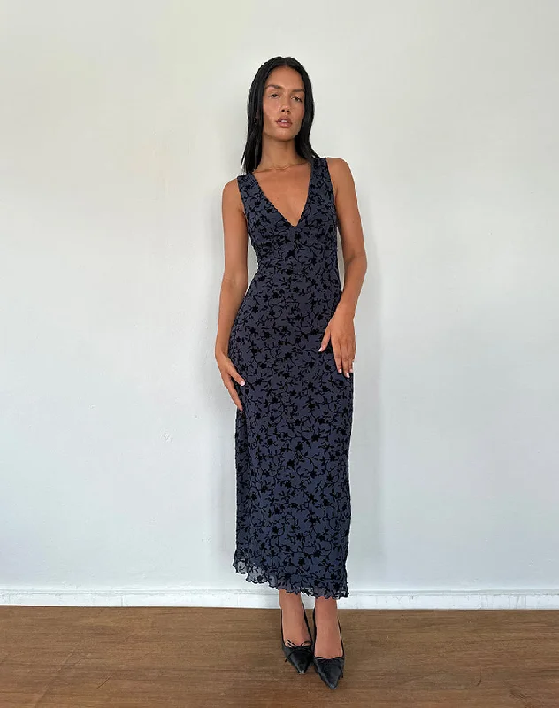 Gabriela Midi Dress in Flocked Petal Navy