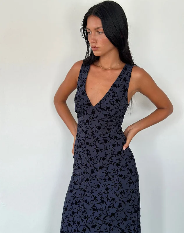 Gabriela Midi Dress in Flocked Petal Navy