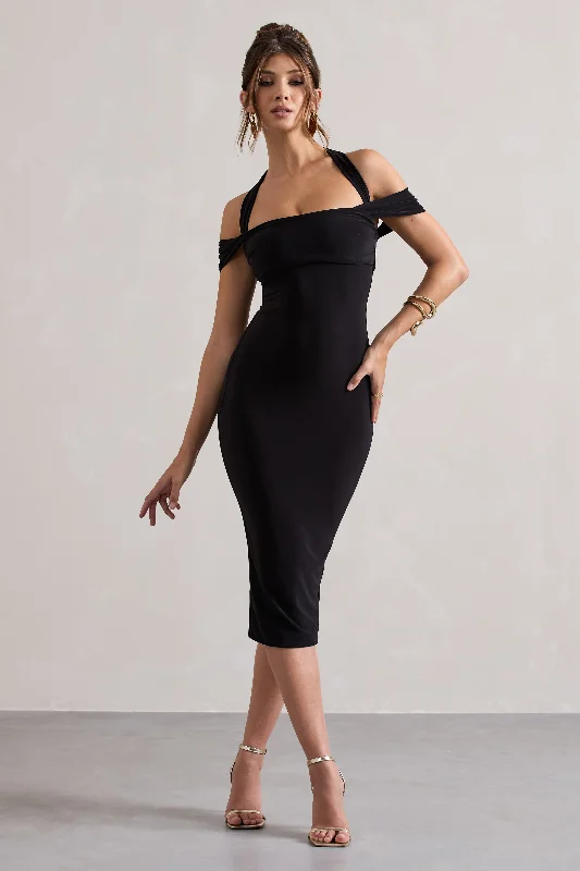 Marla | Black Halter-Neck Draped-Sleeve Midi Dress