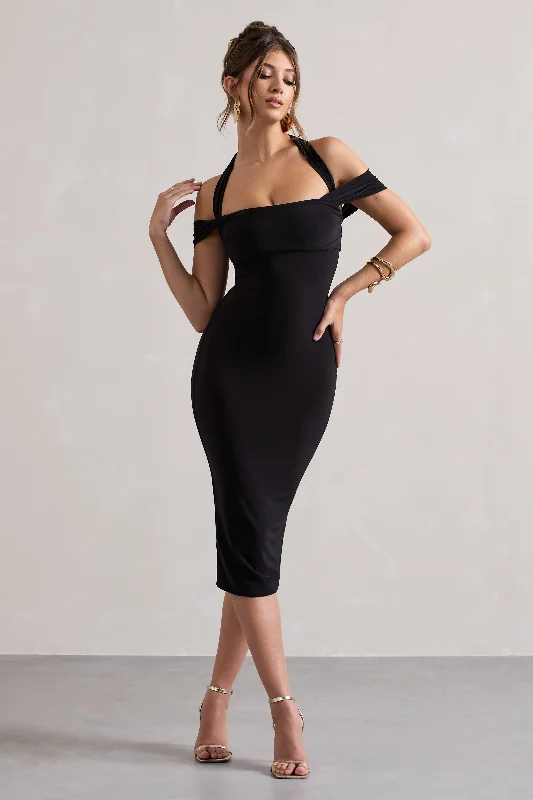 Marla | Black Halter-Neck Draped-Sleeve Midi Dress