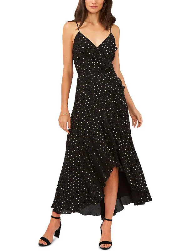 Petites Womens Ruffled Long Wrap Dress