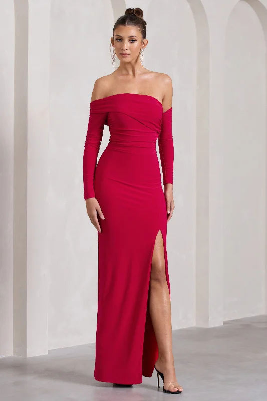 Stand Out | Red Bardot Long Sleeve Ruched Maxi With Side Split