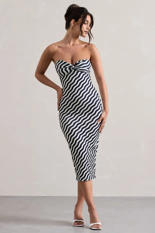 Reese | Navy Wave Print Strapless Midi Dress