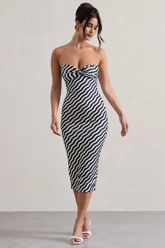 Reese | Navy Wave Print Strapless Midi Dress