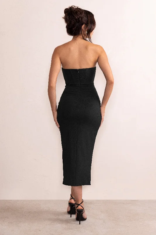 Saturn | Black Strapless Corset Wrap Front Midi Dress