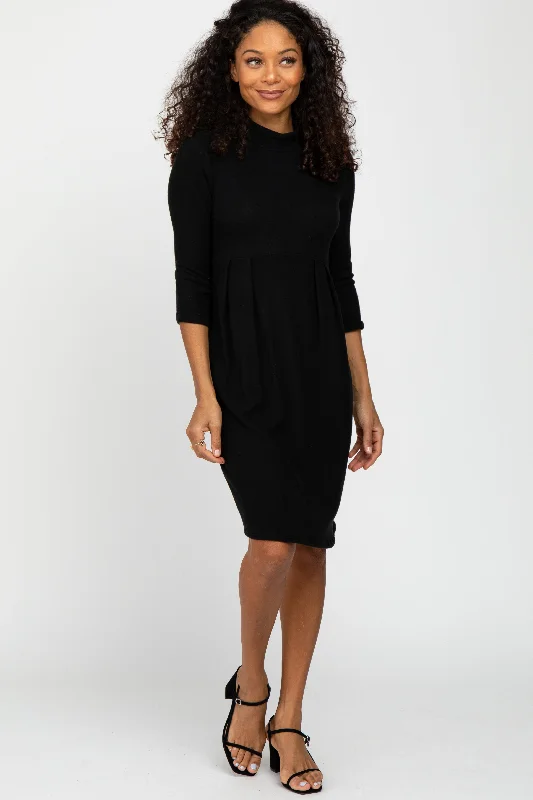 Black Brushed Mock Neck Fitted Dress