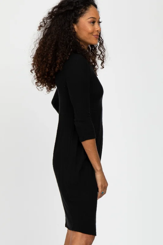 Black Brushed Mock Neck Fitted Dress