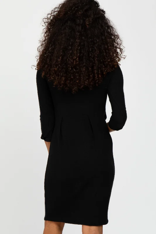 Black Brushed Mock Neck Fitted Dress