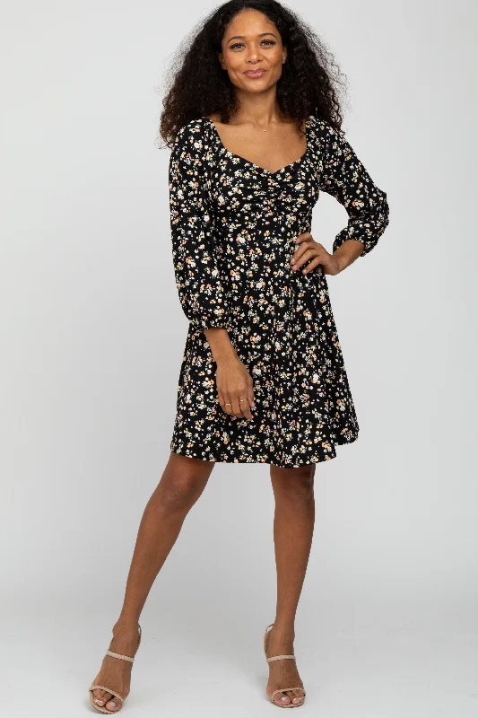 Black Floral Ribbed Ruched Bust Dress