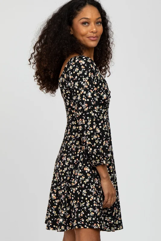 Black Floral Ribbed Ruched Bust Dress