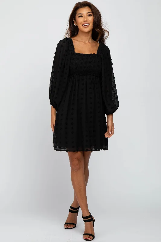 Black Textured Dot Smocked Square Neck Chiffon Dress