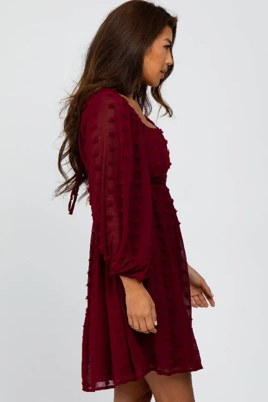 Burgundy Textured Dot Smocked Square Neck Chiffon Dress