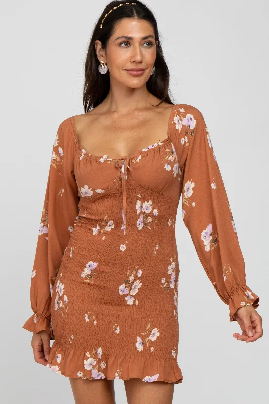 Camel Floral Long Sleeve Smocked Mini Dress