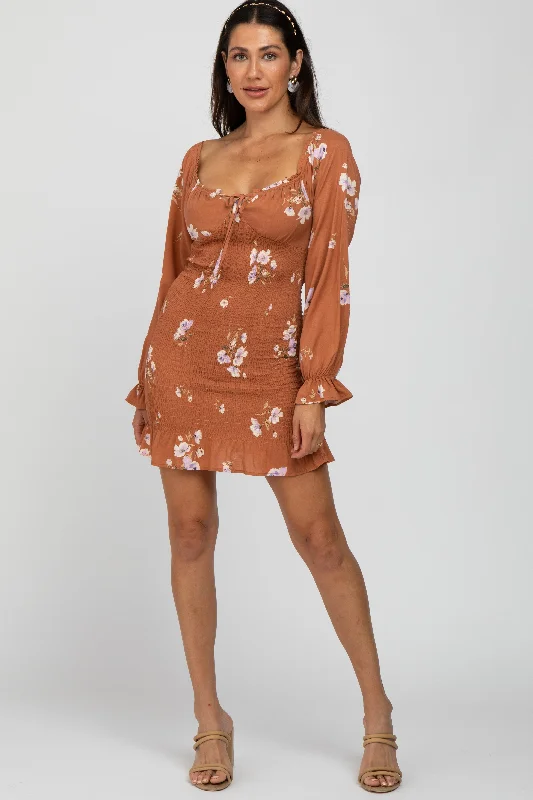 Camel Floral Long Sleeve Smocked Mini Dress