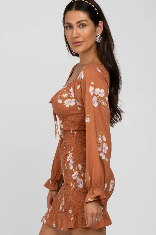 Camel Floral Long Sleeve Smocked Mini Dress