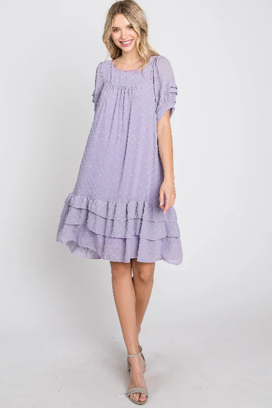 Lavender Chiffon Swiss Dot Ruffle Hem Midi Dress