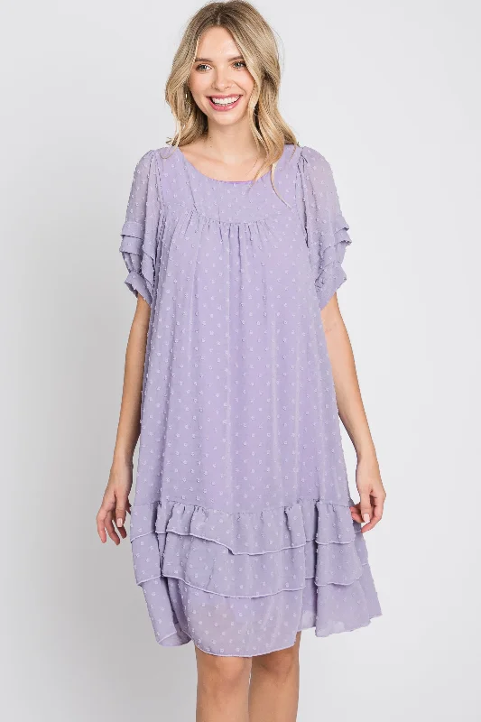 Lavender Chiffon Swiss Dot Ruffle Hem Midi Dress